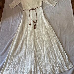 Elegant White Lace Dress with Brown Belt